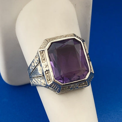 Gorgeous 14k White Gold Radiant Purple Amethyst Floral Pedestal Ring Size 8.25