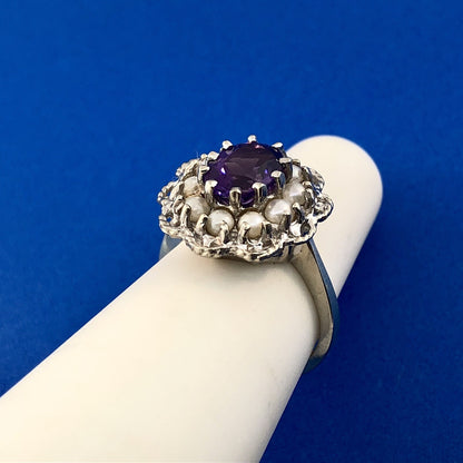 Estate 14K White Gold Amethyst Pearl Halo February Anniversary Sweetheart Ring