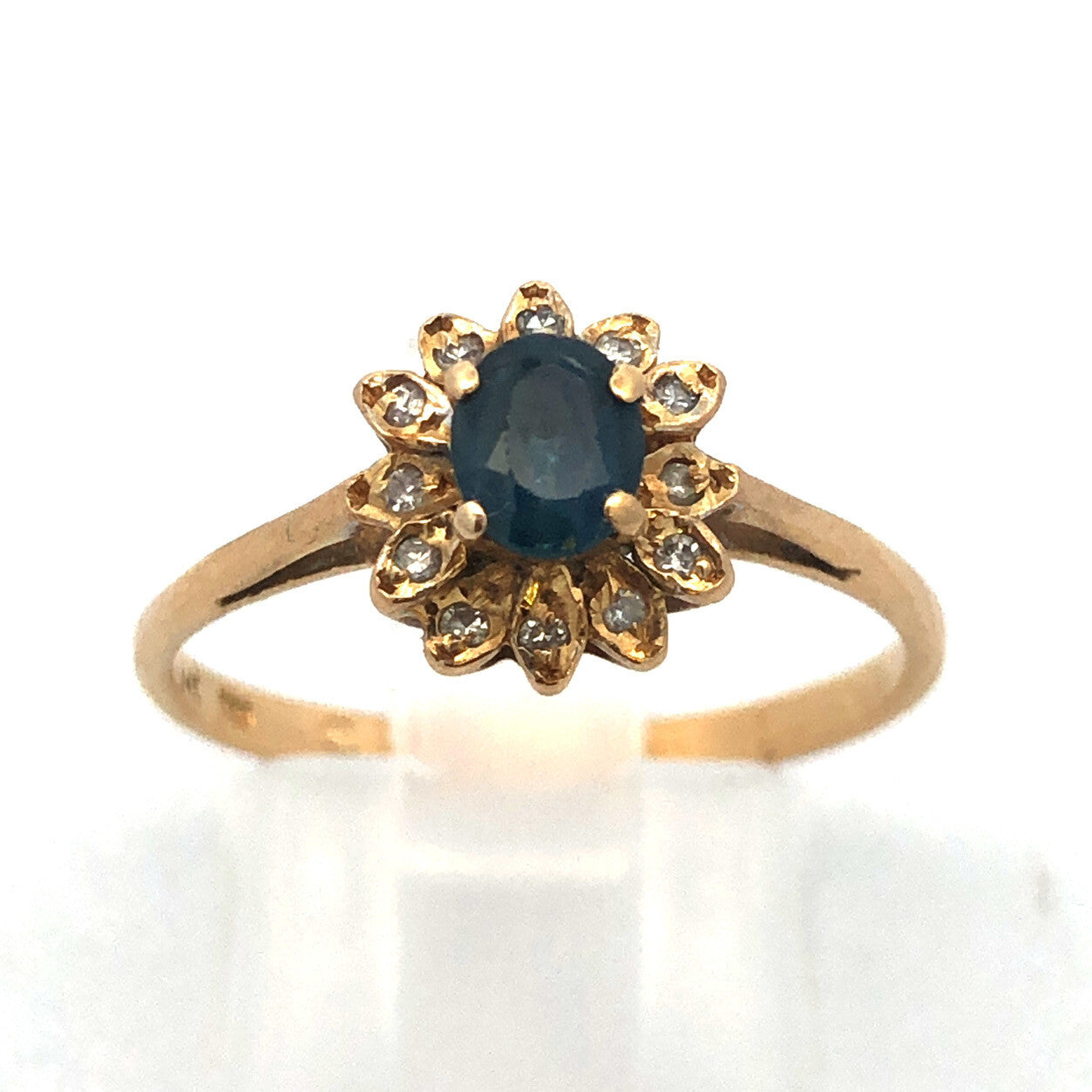 Vintage 14K Yellow Gold Sapphire Diamond Halo Promise December Cocktail Ring