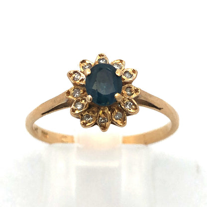 Vintage 14K Yellow Gold Sapphire Diamond Halo Promise December Cocktail Ring