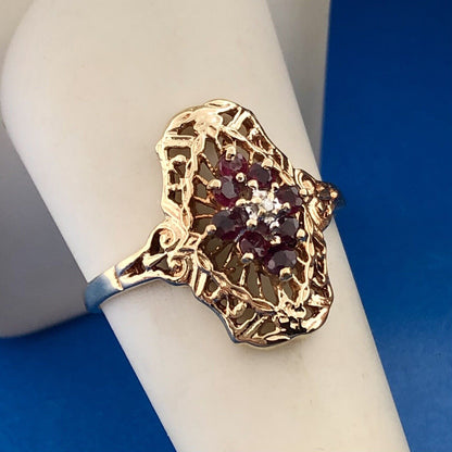 Designer JGL 10K Yellow Gold Ruby Diamond Filigree July Anniversary Ring