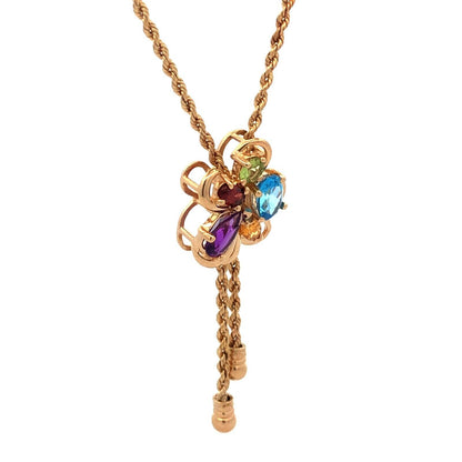 Vintage 14K Yellow Gold Multi Gemstone Flower Cluster Lariat Style Y Necklace