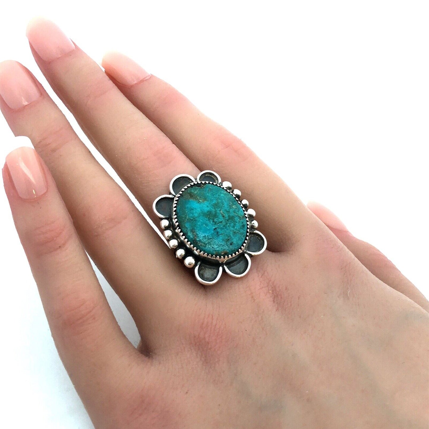 Vintage 925 Sterling Silver Oval Turquoise Concho Statement Ring