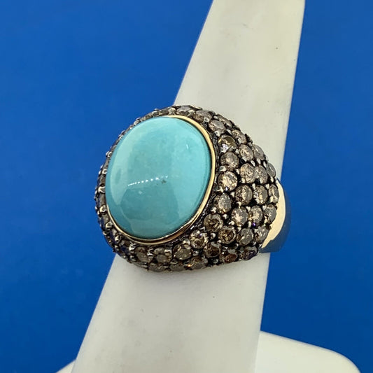 LeVian 14 Yellow Gold Turquoise Chocolate Diamond Statement Dome Ring