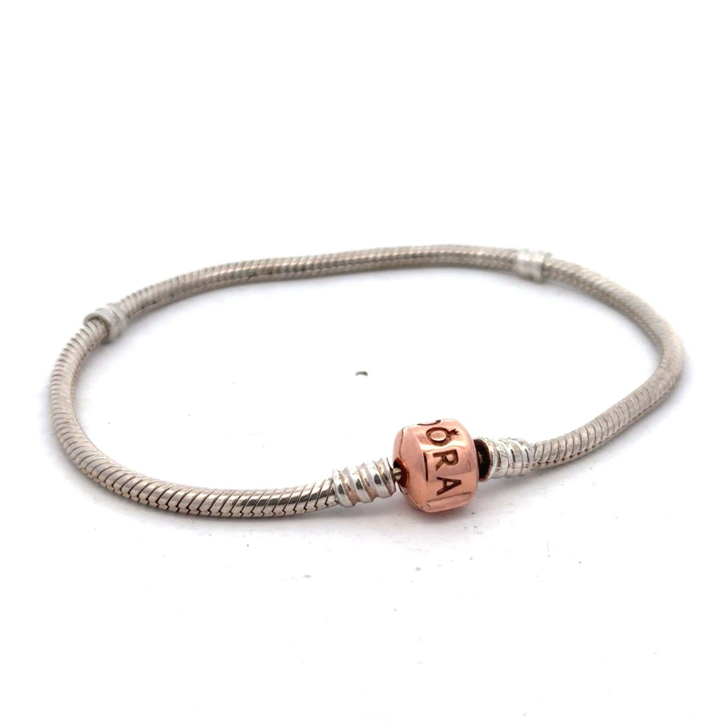 PANDORA 925 Sterling Silver Rose Gold Clasp 580702 Snake Chain Charm Bracelet