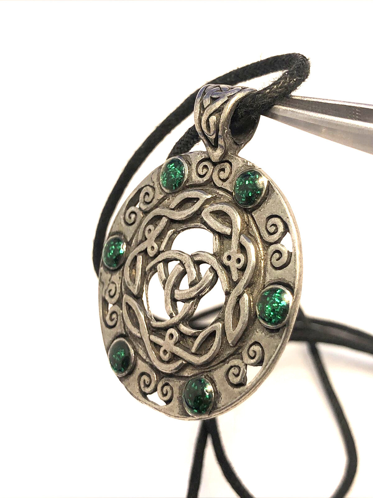 Silver Tone Celtic Knot Green Enamel Round Pendant Cord Statement Necklace