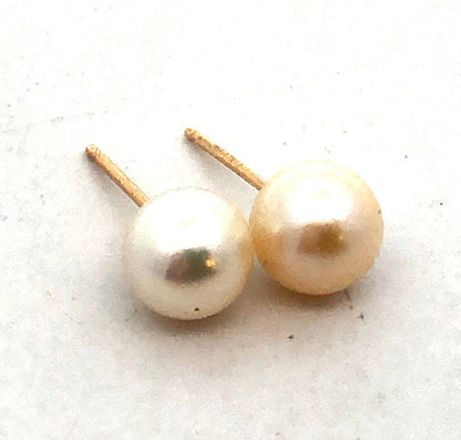 Designer CP 14K Yellow Gold Round White Pearl Solitaire Stud Earrings