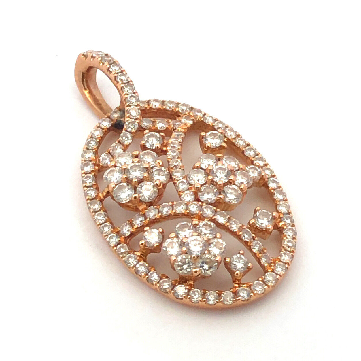 Designer 18K Yellow Gold Round Diamond Pave Floral Oval Pendant