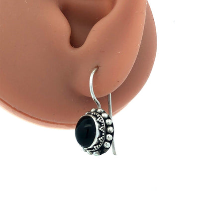 Vintage 925 Sterling Silver Oval Black Onyx Beaded Detail Dangle Hook Earrings