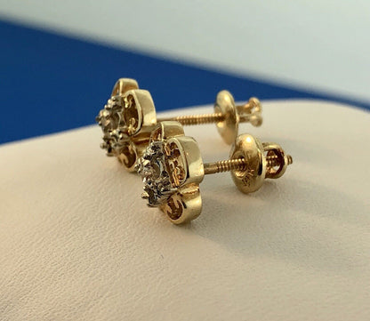 Art Deco 14K Yellow White Gold Diamond Quatrefoil Screw Back Stud Earrings