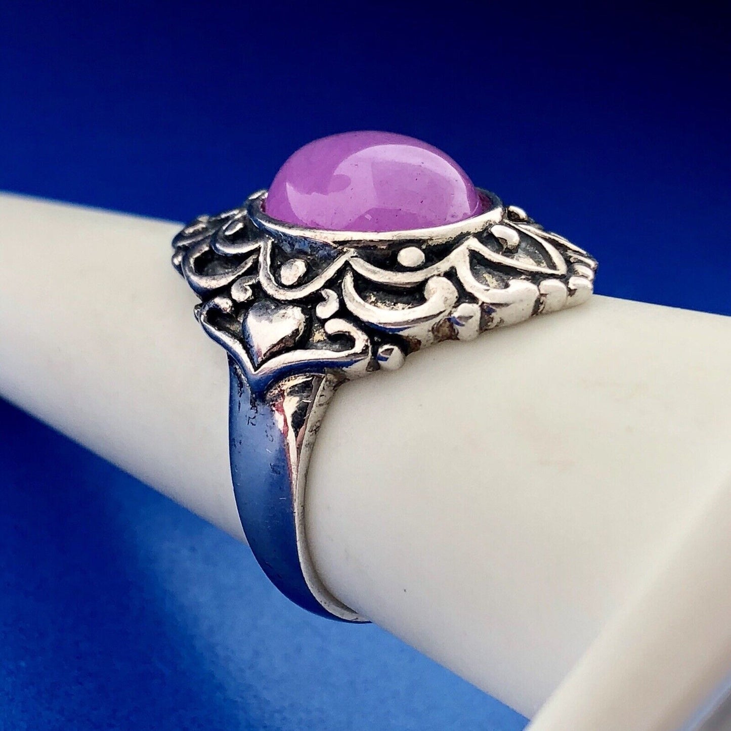 Vintage FAS Sterling Silver 925 Pink Tourmaline Cabochon Scroll Fashion Ring