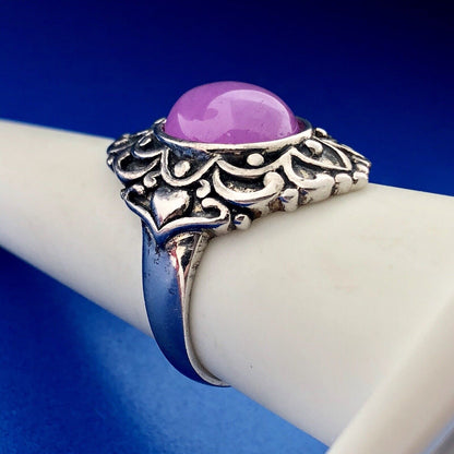 Vintage FAS Sterling Silver 925 Pink Tourmaline Cabochon Scroll Fashion Ring