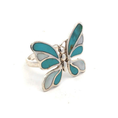 Designer K 925 Sterling Silver Turquoise Mother of Pearl Inlay Butterfly Ring