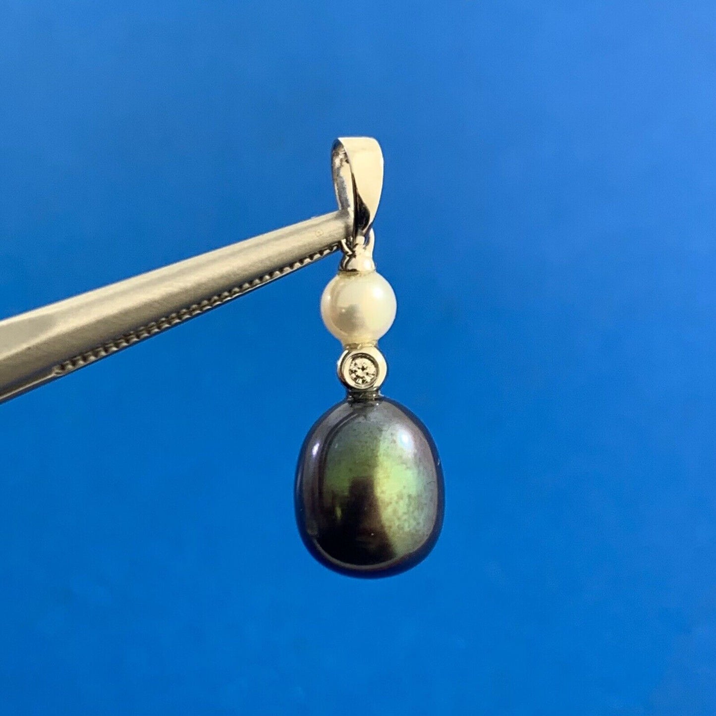 Designer 14K White Gold Black White Pearl Diamond Accented Drop Dangle Pendant