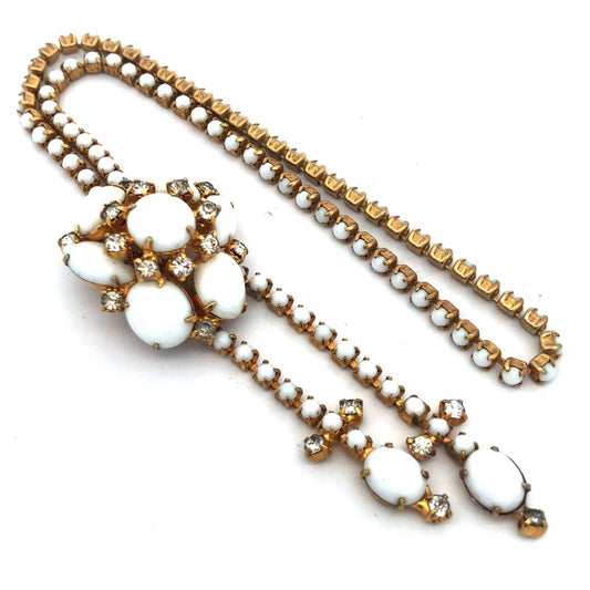 Mid Century Gold Tone Milk Glass Rhinestone Pendant Lariat Choker Necklace