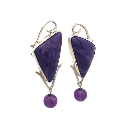 Vintage 925 Sterling Silver Triangle Charoite Amethyst Statement Stud Earrings