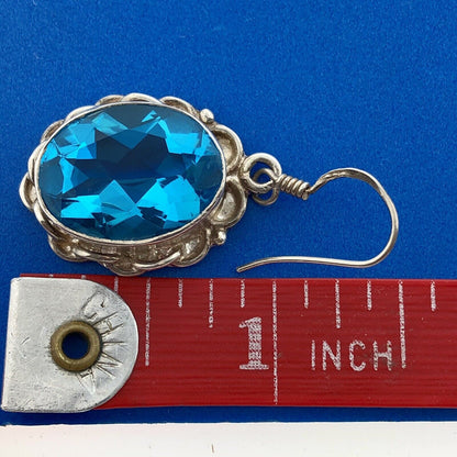 Vintage Sterling Silver Ocean Blue Cubic Zirconia Oval Scroll Statement Earrings