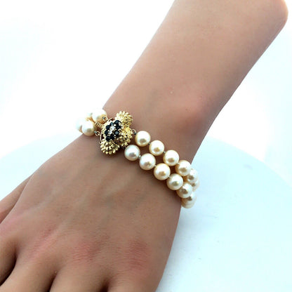 Estate 14K Yellow Gold Sapphire Diamond Pearl Double Strand Beaded Bracelet