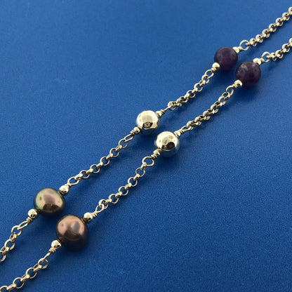 Designer Avi Soffer 925 Sterling Silver Pearl Amethyst Beaded Hammered Necklace