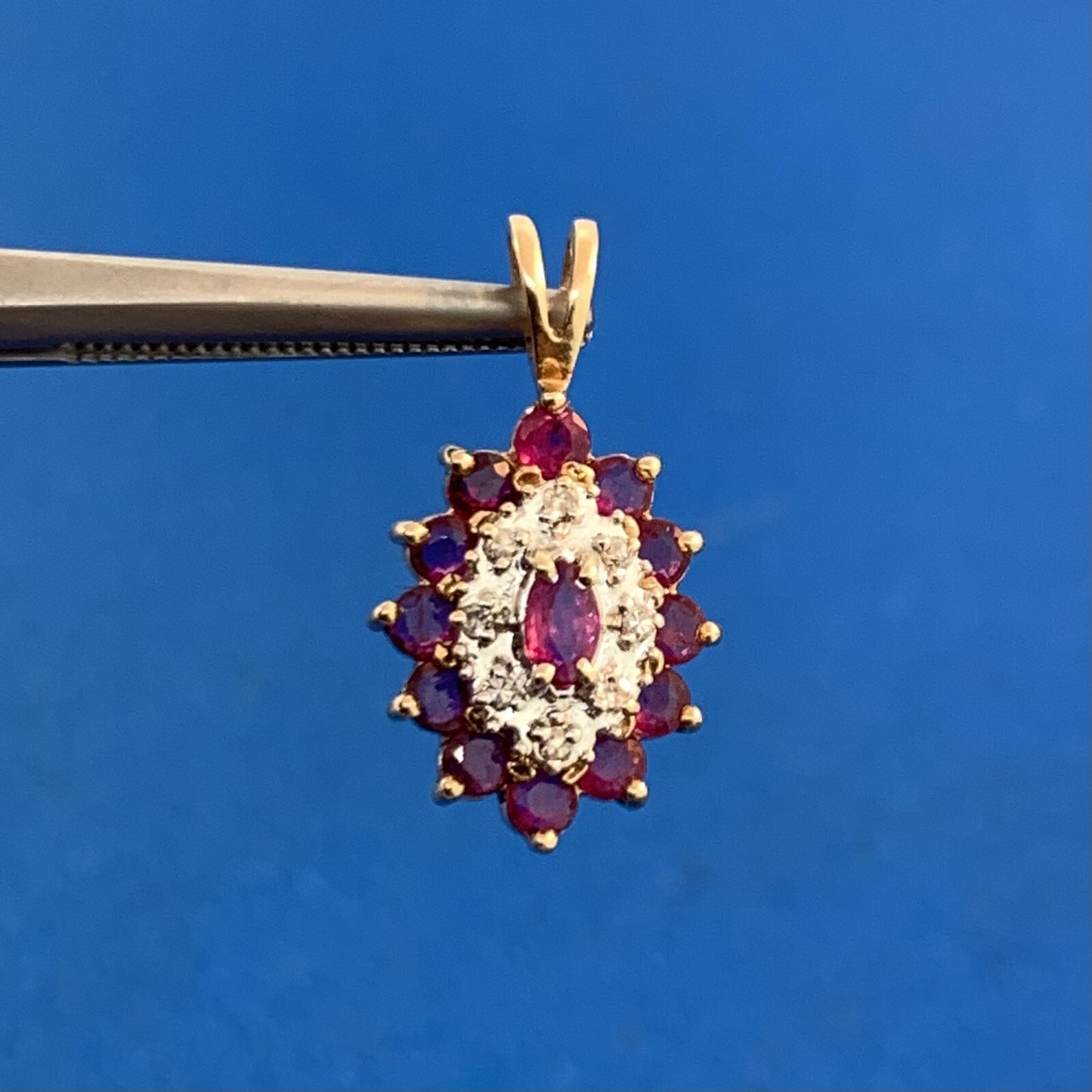 Vintage 10K Yellow Gold Ruby Diamond Drop Pendant