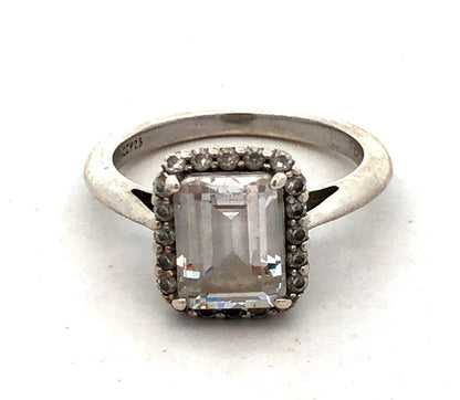 Sterling Silver Emerald Cubic Zirconia Halo Solitaire Engagement Ring