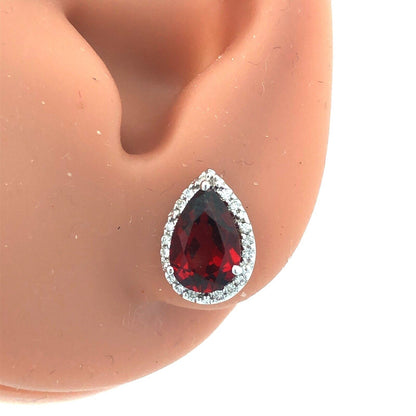 Designer 14K White Gold Pear Garnet Diamond Halo Statement Stud Earrings