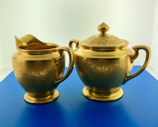 1930s Pickard China Gold Rose Daisy Pattern Creamer Sugar Bowl W/Lid 3 Piece Set