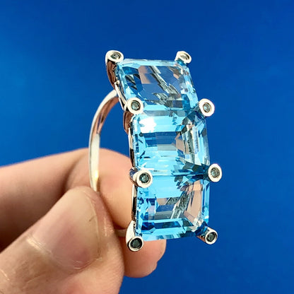 14K White Gold Emerald Cut Swiss Blue Topaz Blue Diamond Accent Size 8 Ring