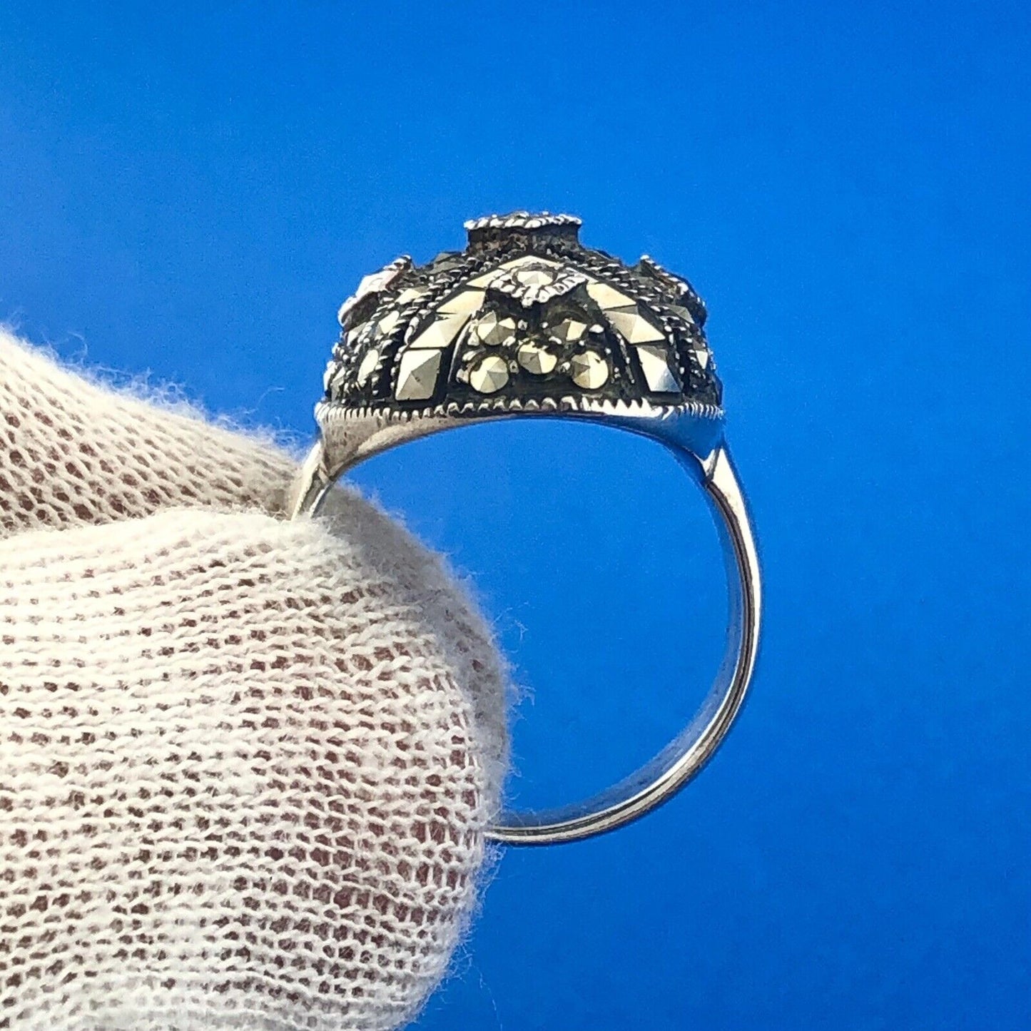 Stunning Sterling Silver 925 Marcasite Layered Cluster Oval Ring Size 7