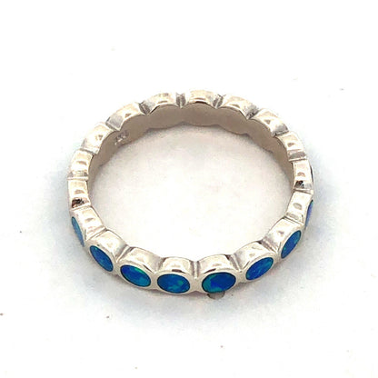 925 Sterling Silver Round Blue Opal Inlay Bubble Stackable Band Ring
