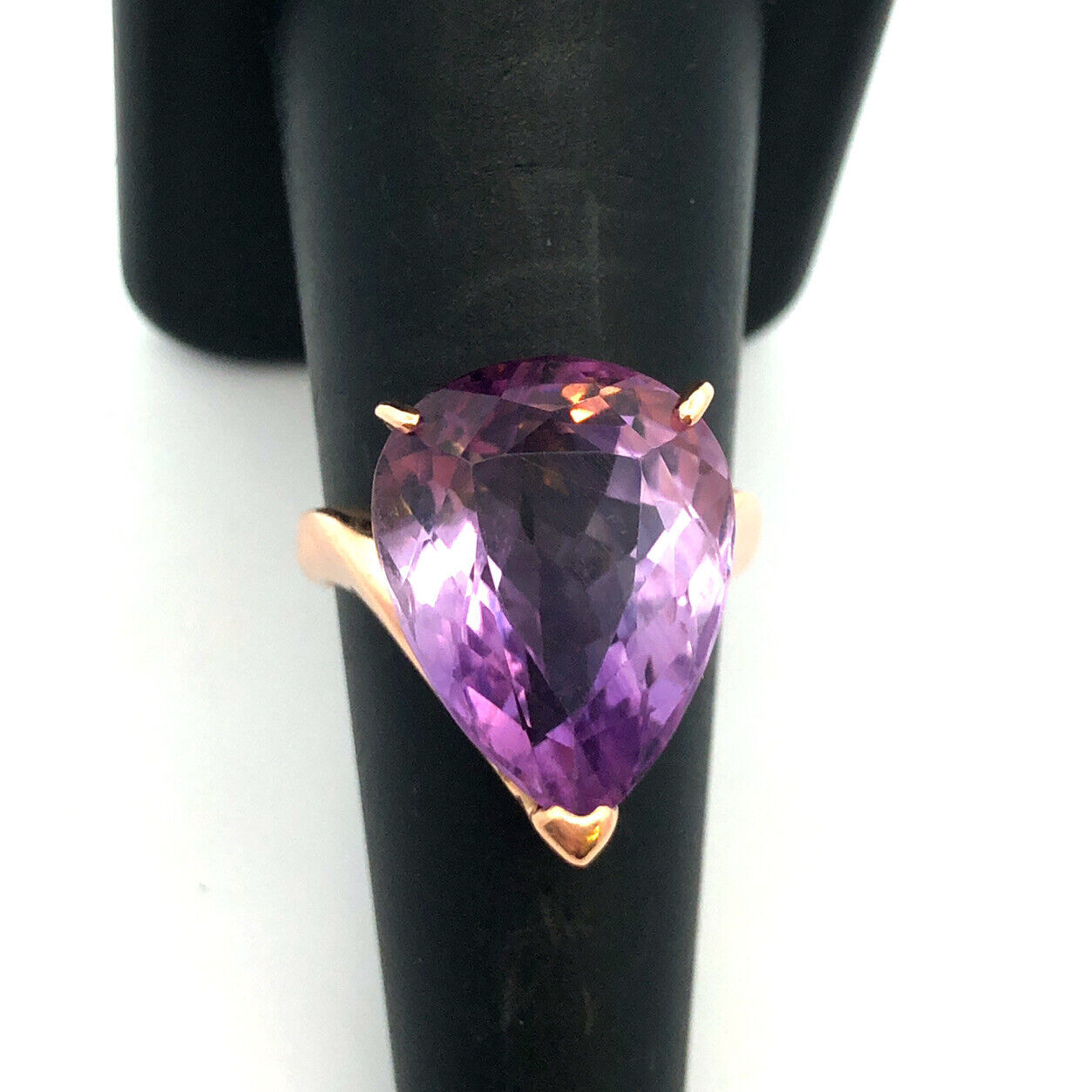 14K Yellow Gold Pear Cut Amethyst Solitaire Statement Cocktail Ring