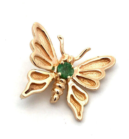 Designer 14K Yellow Gold Round Green Emerald Moth Butterfly Pendant