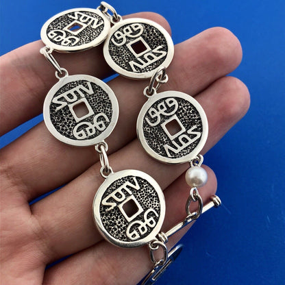 Designer Sterling Silver 925 Chinese Character Disc Panel Link Toggle Bracelet