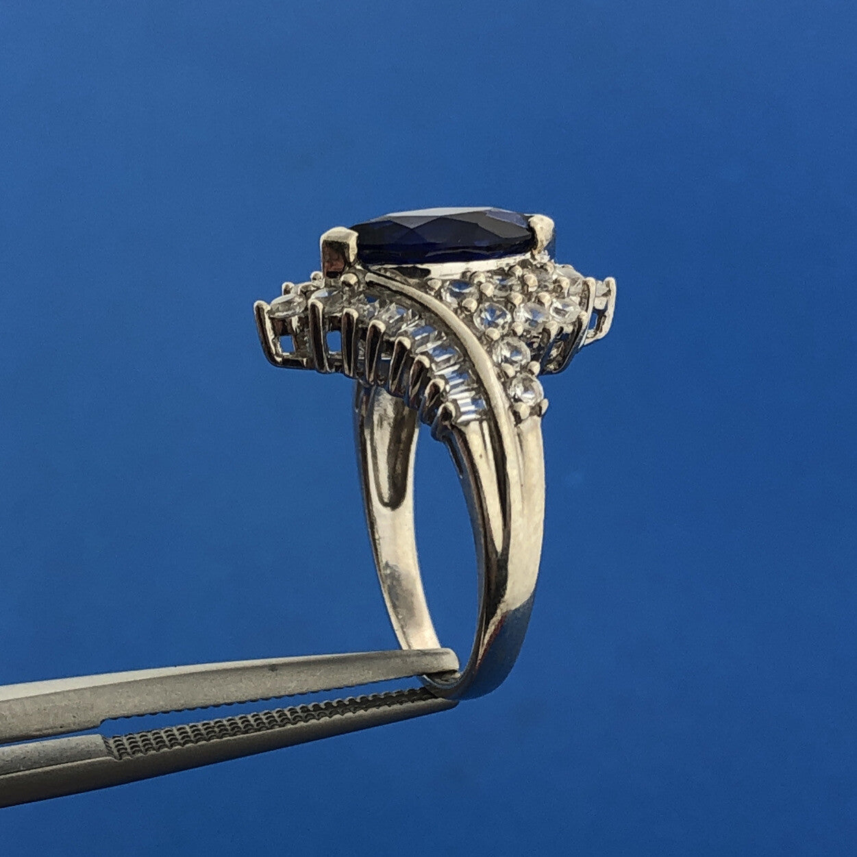 925 Sterling Silver Blue Spinel White Topaz Statement Anniversary Ring