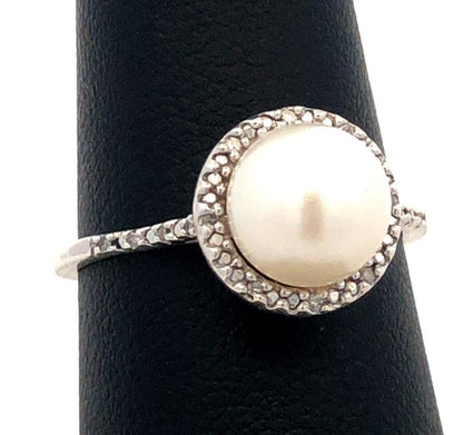 Designer 925 Sterling Silver Round Pearl Diamond Halo June Anniversary Ring