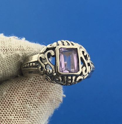 Vintage FAS 925 Sterling Silver Amethyst Open Scroll February Anniversary Ring