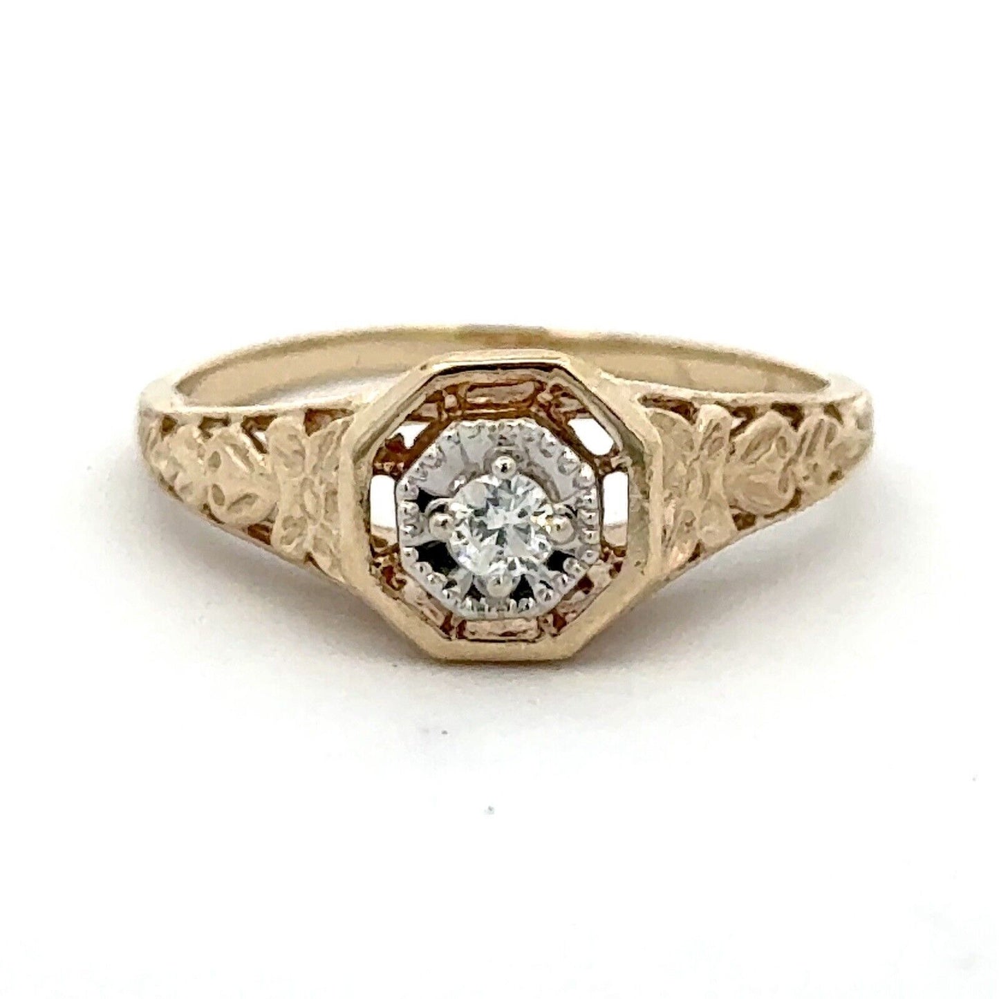 Retro 14K Yellow White Gold Diamond Solitaire Floral Filigree Engagement Ring