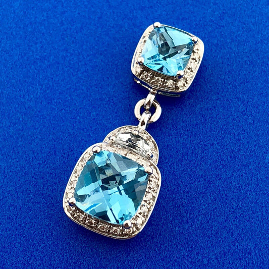 Stunning 14K White Gold Blue Topaz Diamond Aquamarine Accent Double Drop Pendant