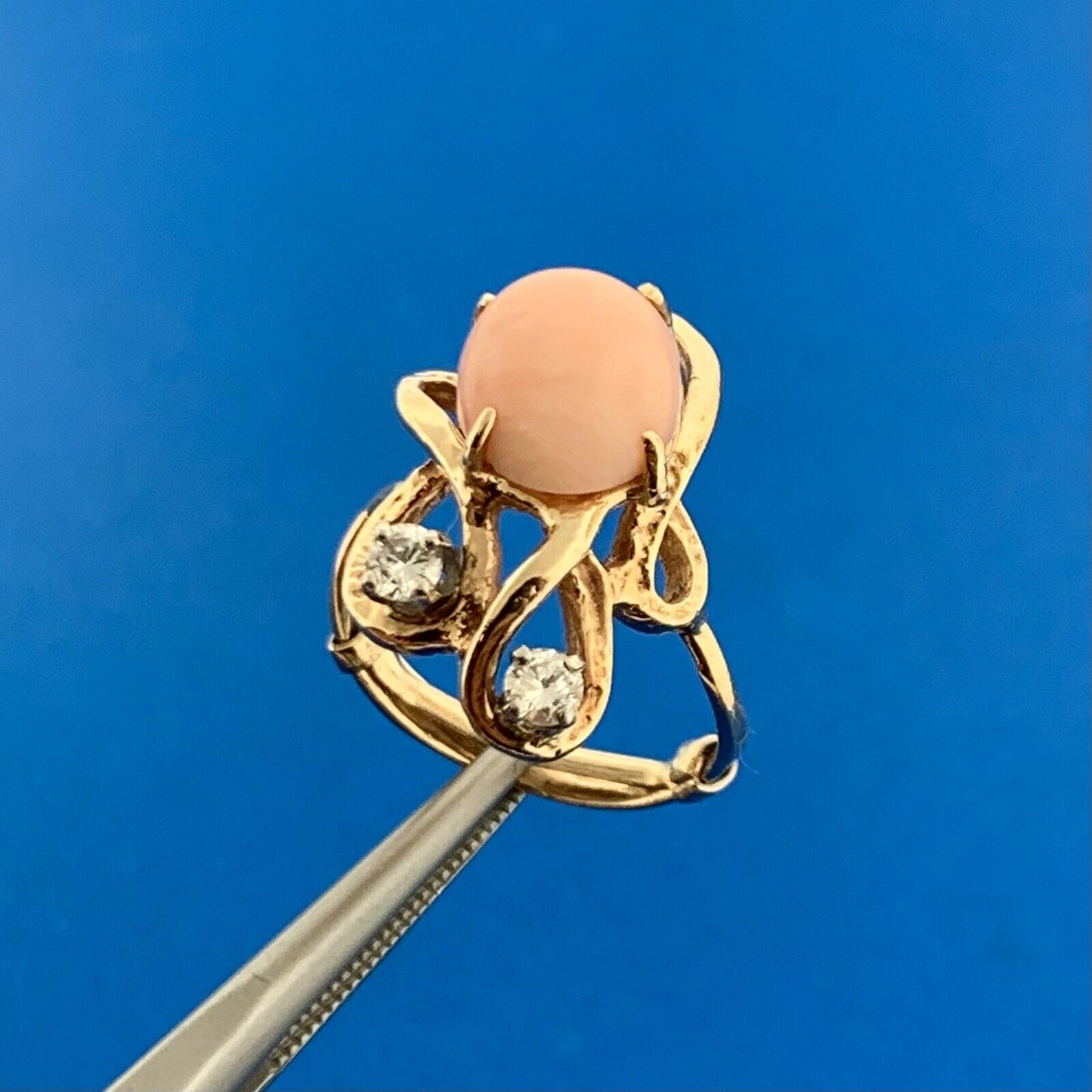 Modernist 14K Yellow Gold Pink Coral Diamond Accented Free Form Artisan Ring