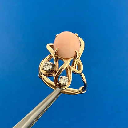 Modernist 14K Yellow Gold Pink Coral Diamond Accented Free Form Artisan Ring