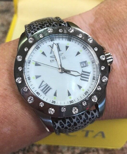 Invicta Women's Angel Quartz 100m Stainless Steel Watch Model 18350 Grey Leather