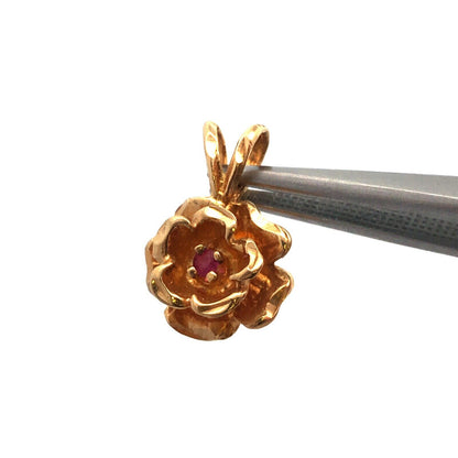 Vintage 14K Yellow Gold Ruby Rose Flower Petite Charm Pendant