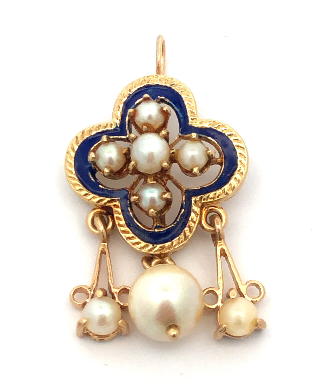 Estate 14K Yellow Gold Round Pearl Blue Enamel Drop Dangle Pendant