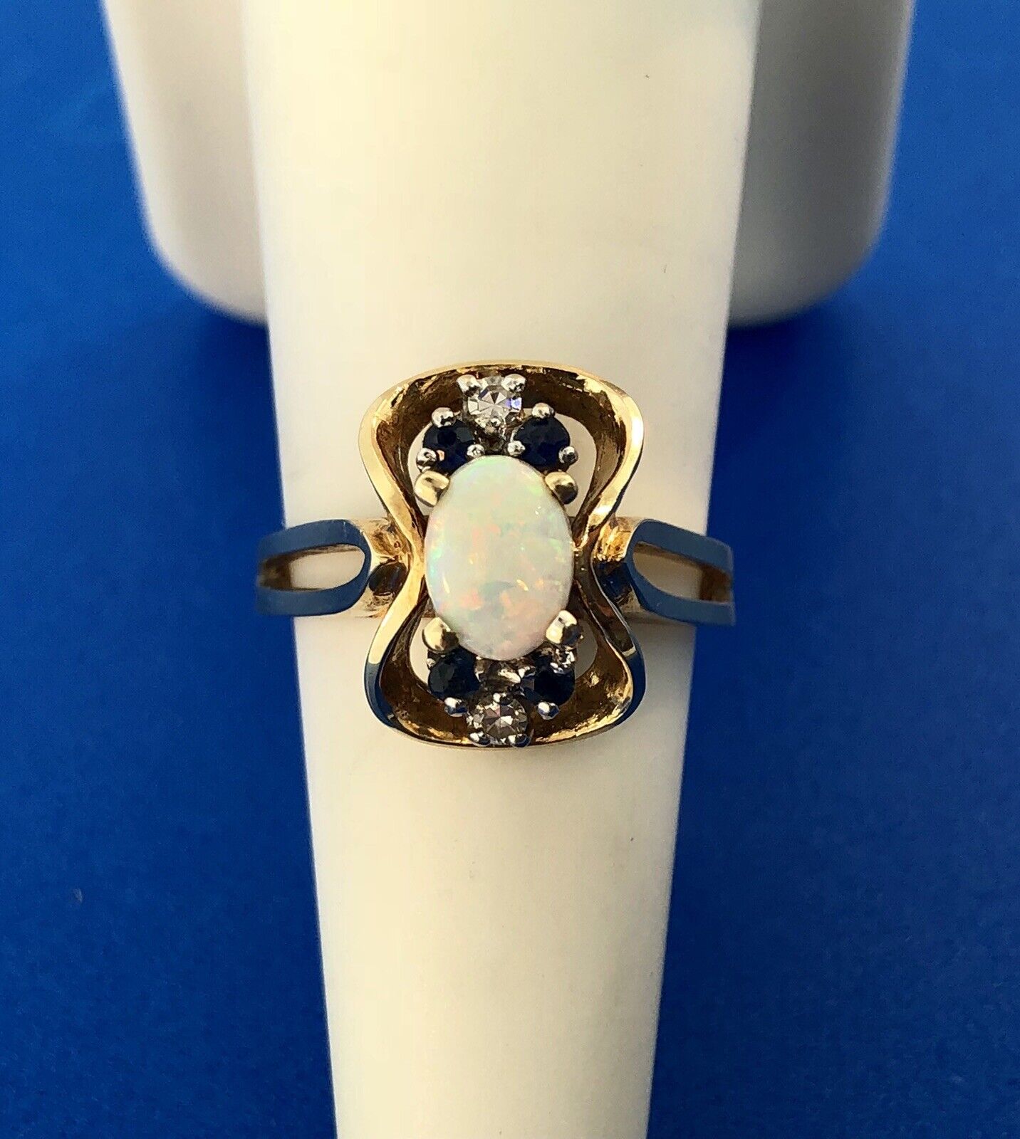 Retro 14K Yellow Gold Diamond Sapphire Opal Modernist Free Form Cocktail Ring