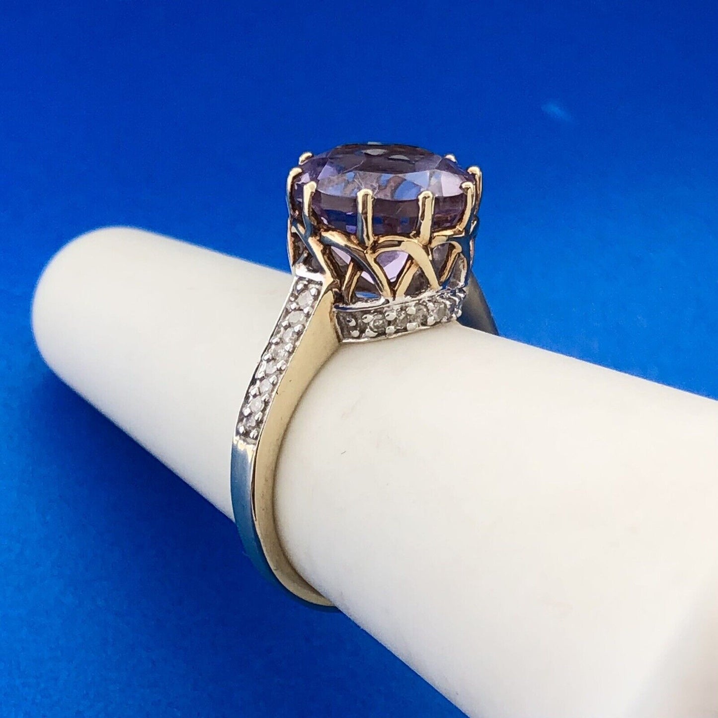 10K Yellow Gold Amethyst Cocktail Solitaire Diamond Accented Statement Ring