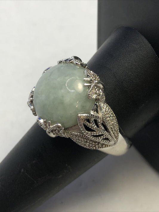 Designer EA 925 Sterling Silver Round Jade Diamond Accents Butterfly Detail Ring