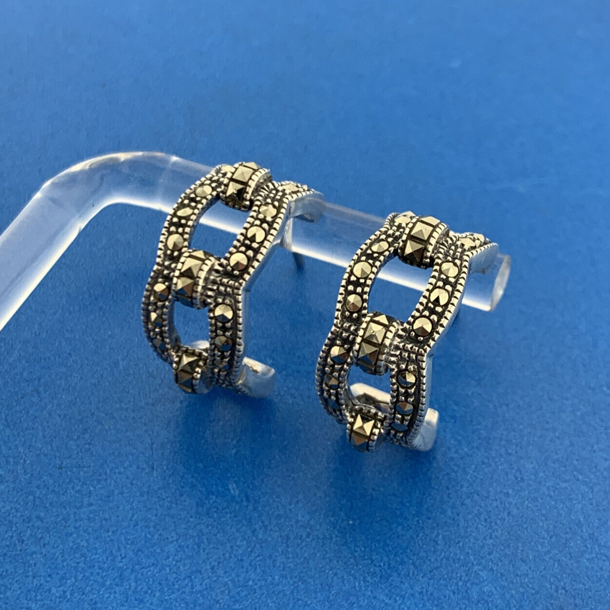 Designer Sterling Silver 925 Marcasite Open Friction Back Hoop Stud Earrings