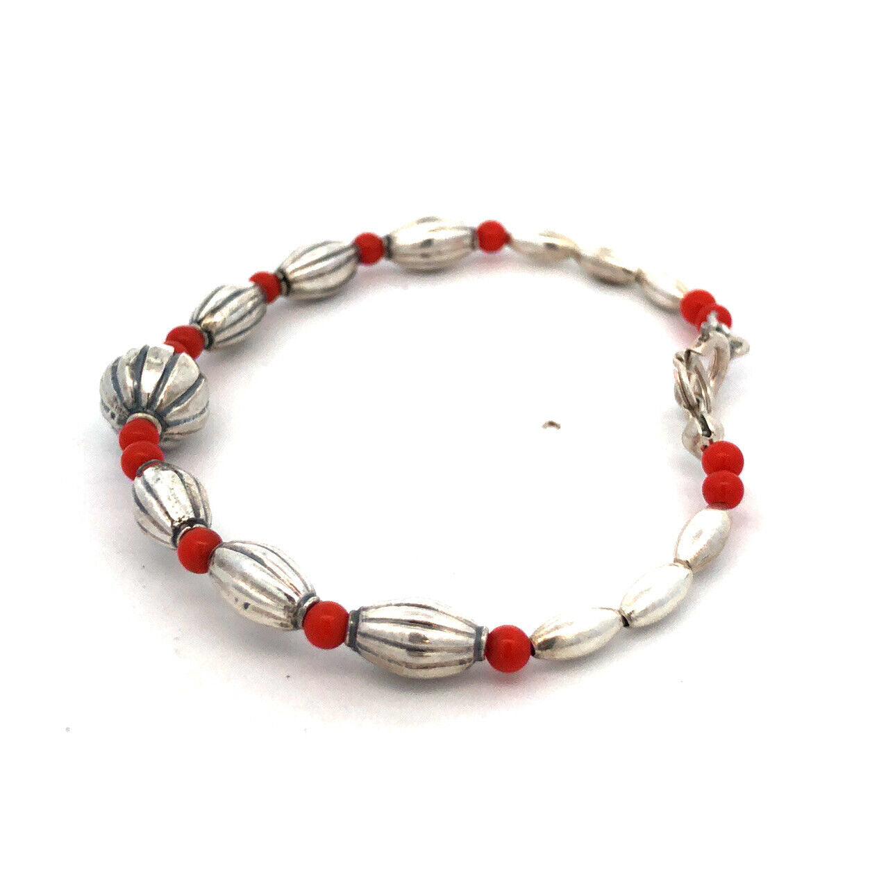 Designer STG 925 Sterling Silver Red Coral Textured Beaded Bracelet