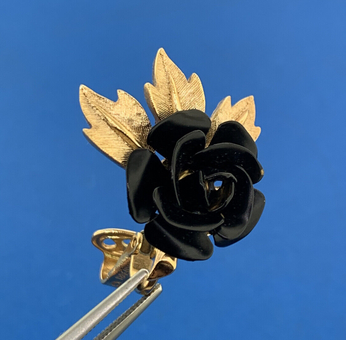 Mid Century Trifari Gold Tone Black Resin Rose Clip On Statement Earrings