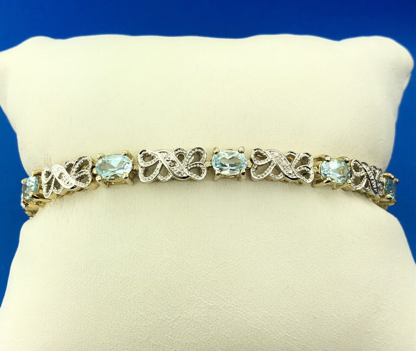 Gold Vermeil Sterling Silver 925 Blue Topaz Diamond 7.5" Tennis Bracelet
